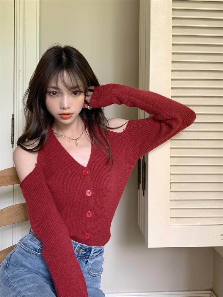 Already shipped One-shoulder top, chic V-neck backless sweater, loose hot girl wears long-sleeved halter neck knitted cardigan