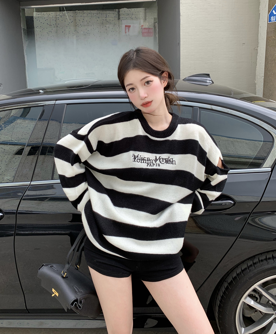 Already shipped striped sweater women's thin loose lazy style hollow shoulder sweater new coat top