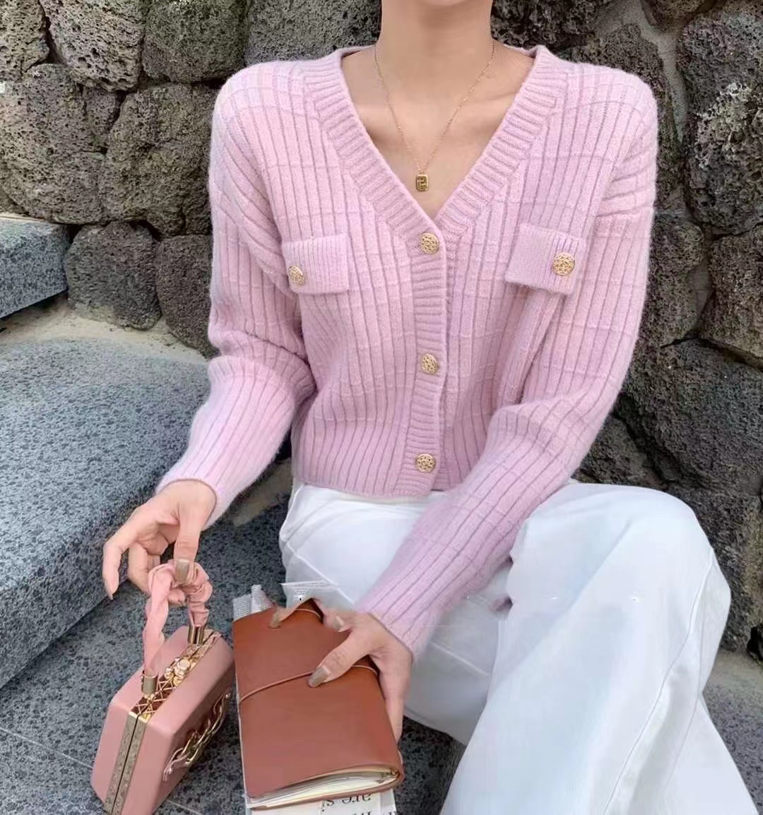 韓系短款毛衣外套女春秋季淺藍色小個子氣質寬鬆軟糯針織開衫外穿