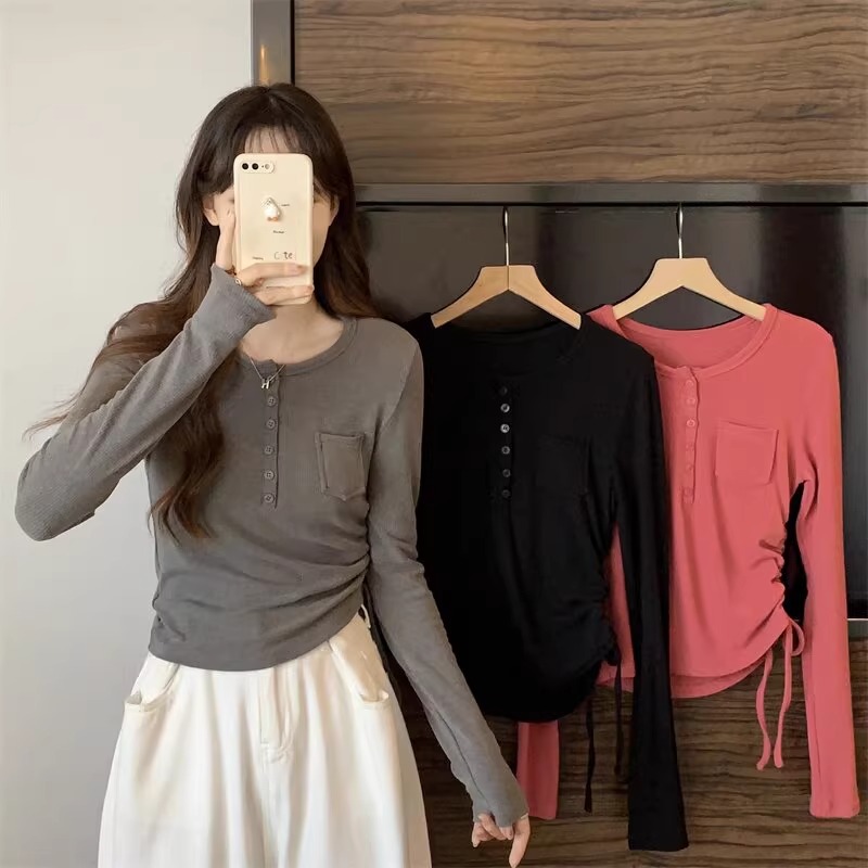 已出貨 美式復古法式甜辣風設計感短款長袖t恤女春秋款修身上衣