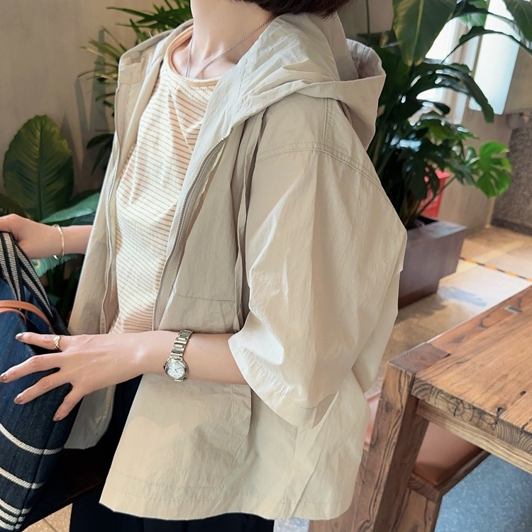 2024 Korea Dongdaemun spring loose casual style large pocket hooded solid color zipper cardigan short-sleeved jacket