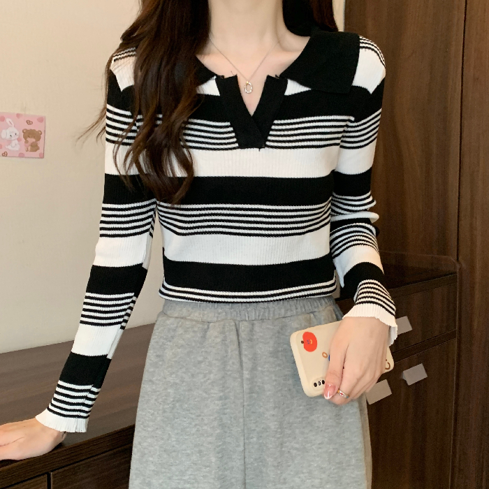 2024秋季新款條紋polo領針織衫長袖上衣百搭顯瘦女ins潮