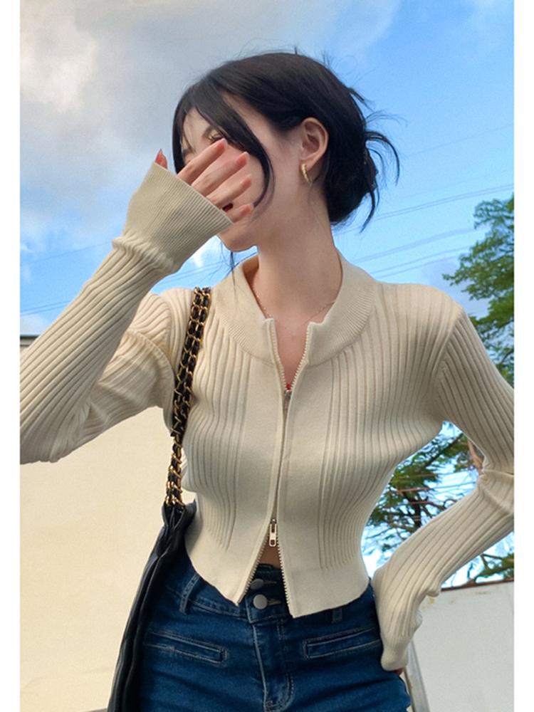已出貨 時尚辣妹修身短款長袖針織衫秋季BM顯瘦拉鏈開衫上衣女潮