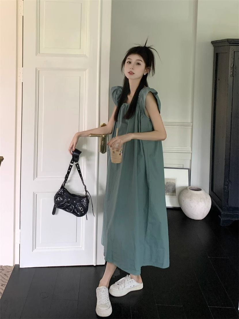 Korean style flying sleeve blue mid-length dress summer new French loose casual niche skirt for women