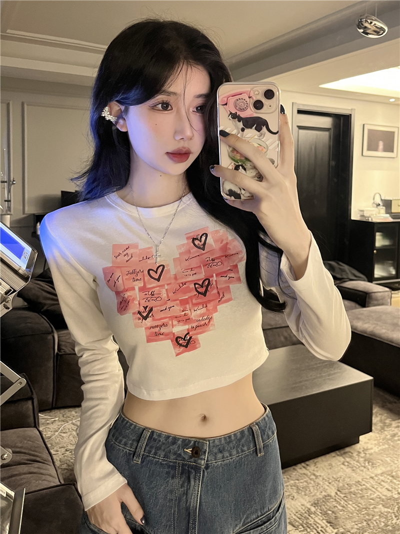 韓系穿搭愛心T恤女2024春季新款復古 短款打底衫內搭長袖白色上衣