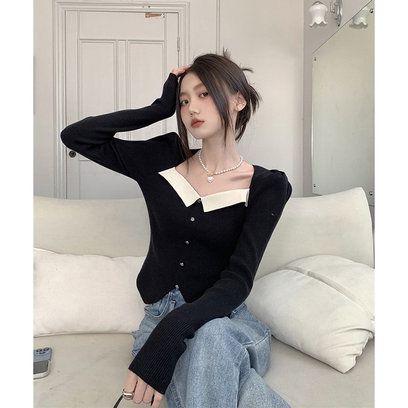 已出貨 法式小眾拼色方領泡泡長袖針織衫女修身顯瘦氣質打底上衣
