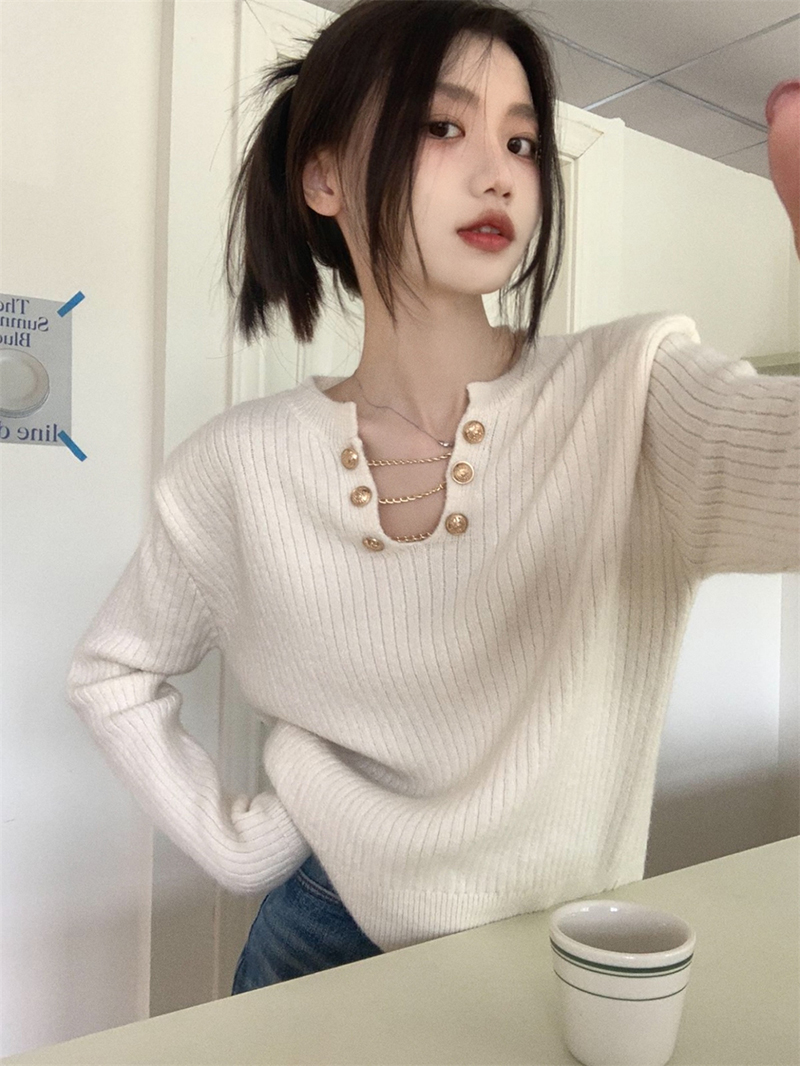 已出貨 新款韓版V領別致鏤空鏈條套頭設計感小眾長袖針織毛衣女