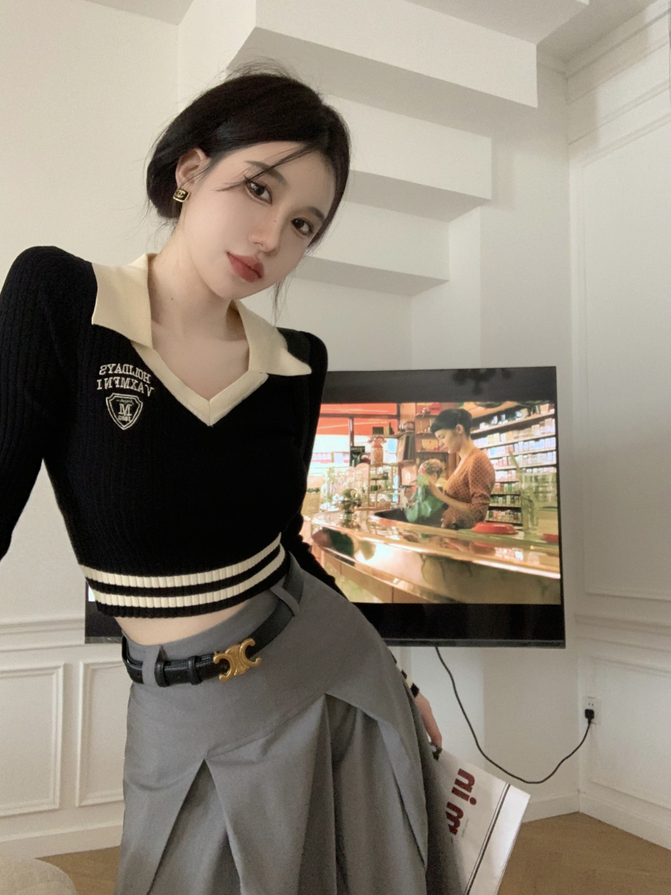 已出貨 韓版翻領長袖針織打底衫女新款外搭拼接修身顯瘦短款上衣