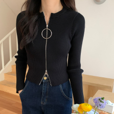 批发双拉链<b class='q'>针织</b>修身<b class='q'>开衫</b>女春秋设计感小众修身短款长袖T恤上衣
