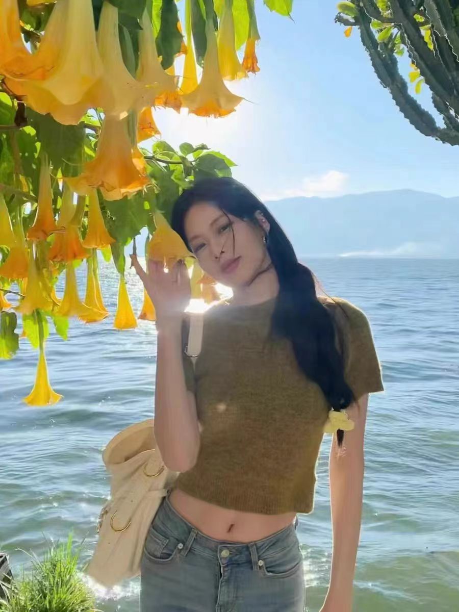 毛衣女款2024新款黃綠色圓領套頭短款純欲風減齡甜美針織短袖女