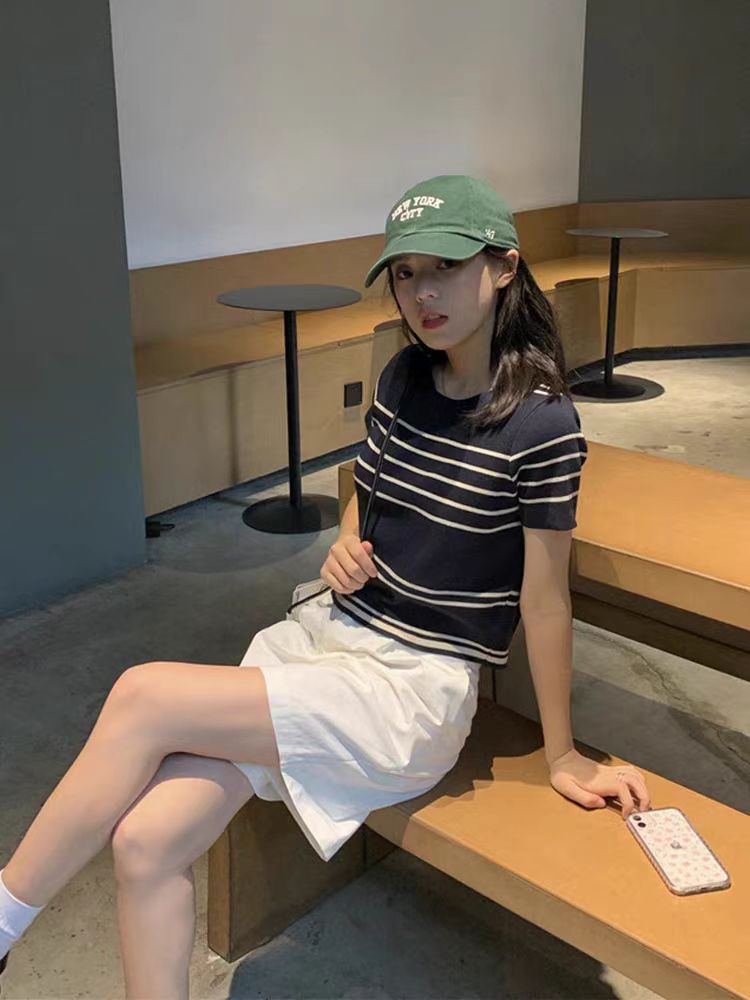 韓系條紋針織短袖t恤女夏季2024新款洋氣別致小衫設計感短款上衣