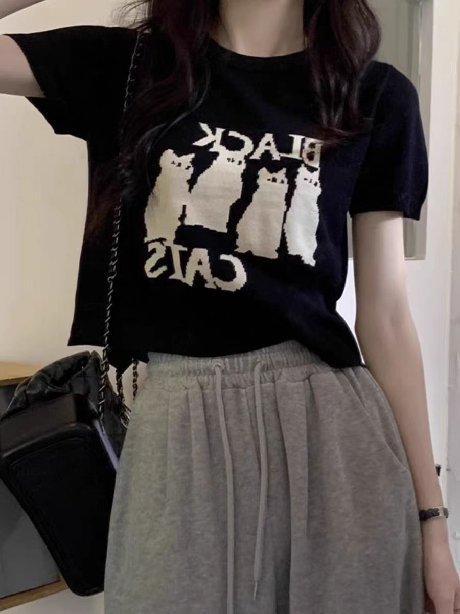 冰絲針織短袖T恤女夏季修身顯瘦小個子泡泡袖短款正肩體恤上衣ins