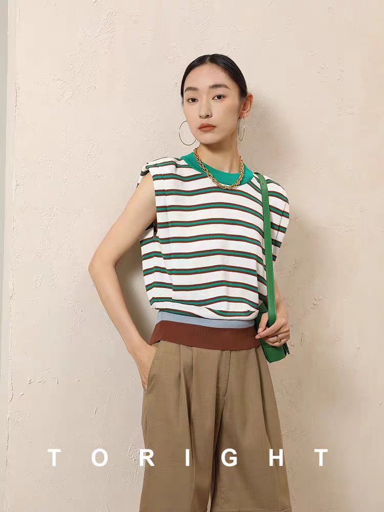 直角肩王牌 無袖條紋墊肩T恤女坎肩圓領背心上衣針織衫