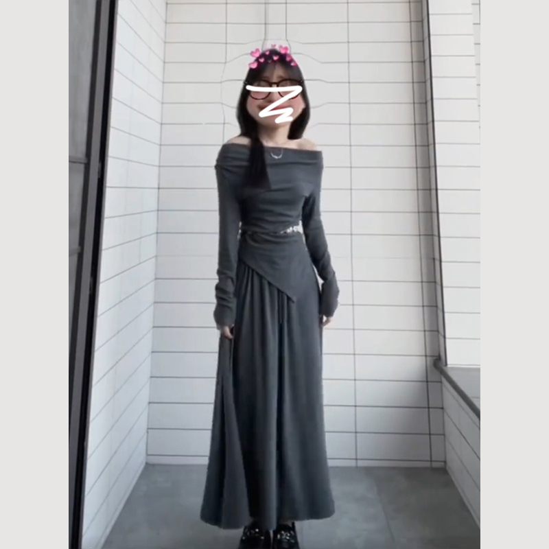 2024年春裝新款灰色一字肩連衣裙子女裝秋冬季小個子套裝氣質長裙