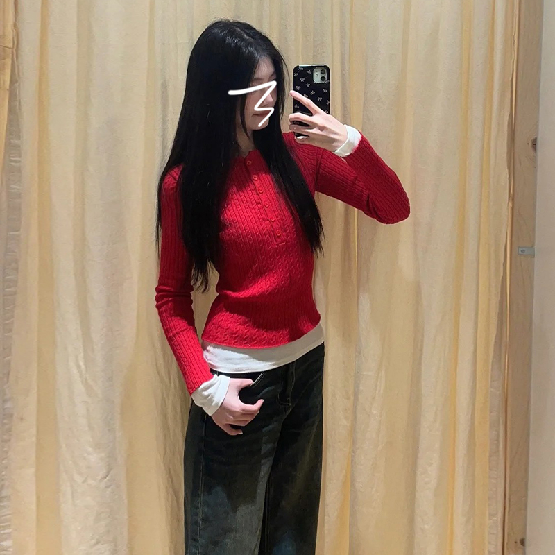 新年紅色麻花毛衣女秋冬季甜辣妹修身顯瘦長袖上衣內搭打底針織衫