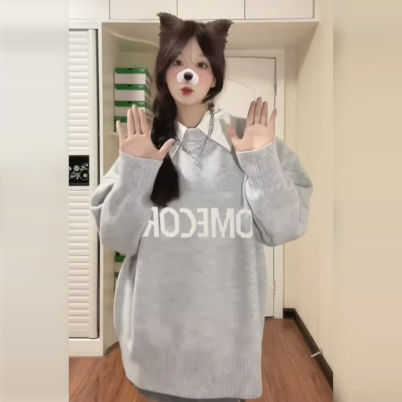 灰色毛衣外套女秋冬季新款韓系慵懶風oversize寬鬆針織衫上衣