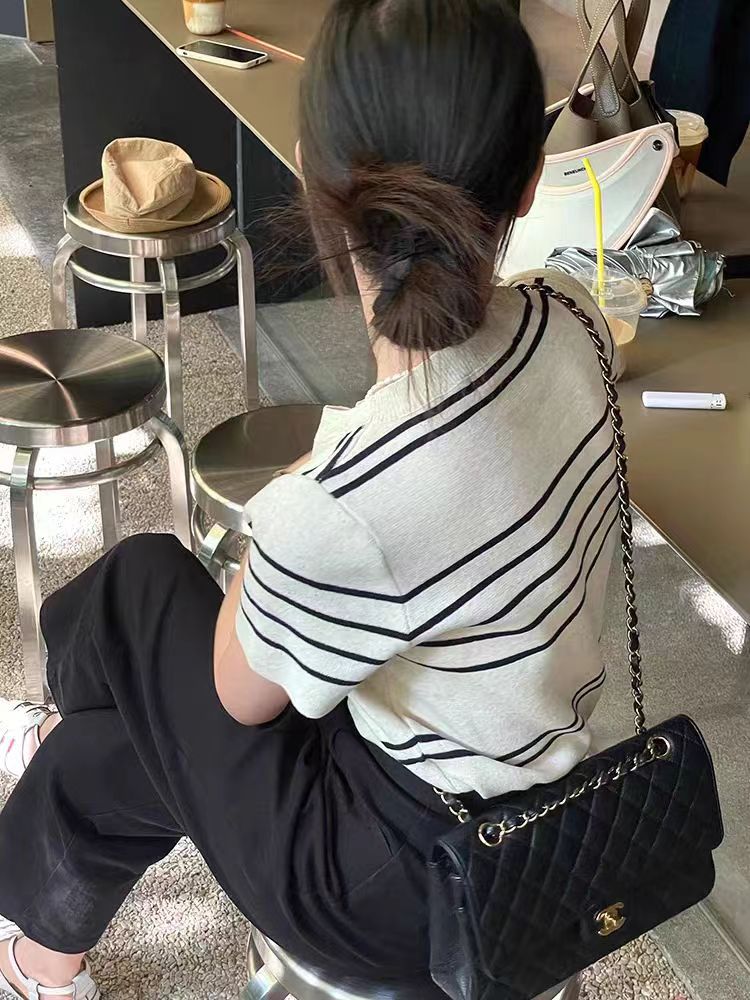 法式少女條紋短袖針織T恤顯瘦夏季新款撞色薄款圓領上衣