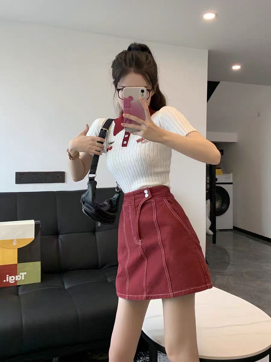 櫻桃刺繡白色polo領針織短袖t恤女夏薄款甜辣修身短款高腰bm上衣