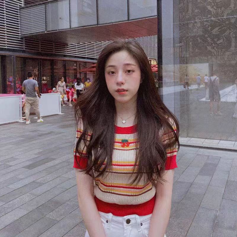 年新款修身紅色條紋冰絲條紋高腰針織短袖上衣女t恤短款薄