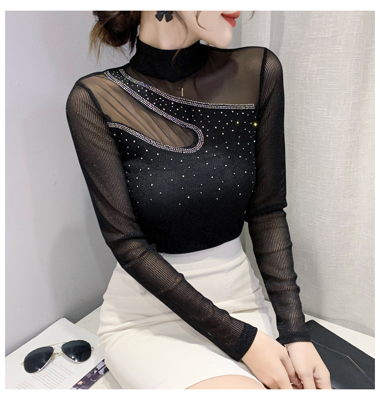 Original workmanship lace bottoming shirt for women in spring and autumn European style long-sleeved T-shirt with sexy inner mesh shirt