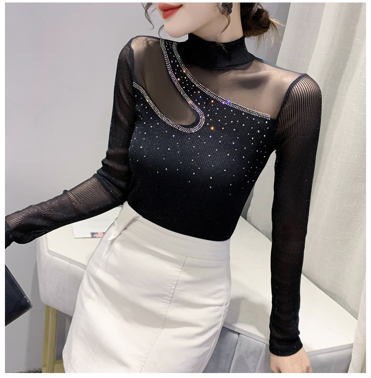 Original workmanship lace bottoming shirt for women in spring and autumn European style long-sleeved T-shirt with sexy inner mesh shirt