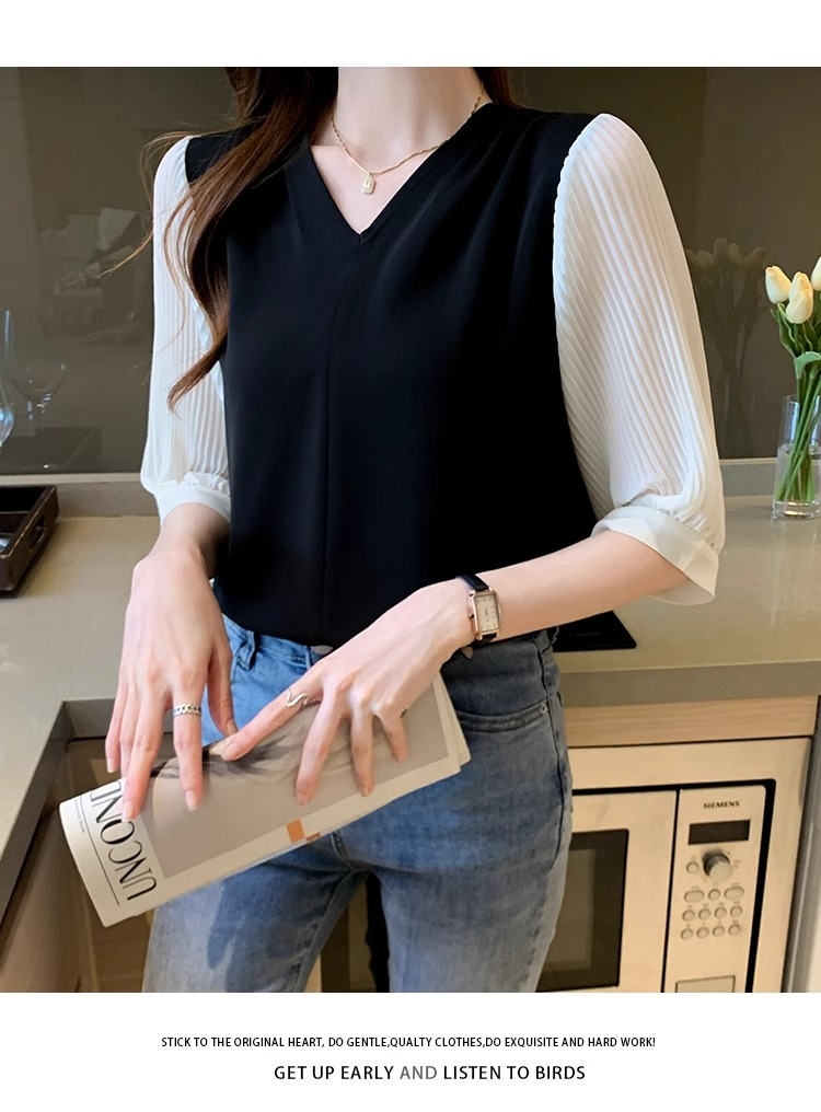 Original workmanship and design niche spring wear 2024 new Korean style temperament V-neck chiffon shirt mid-sleeve top