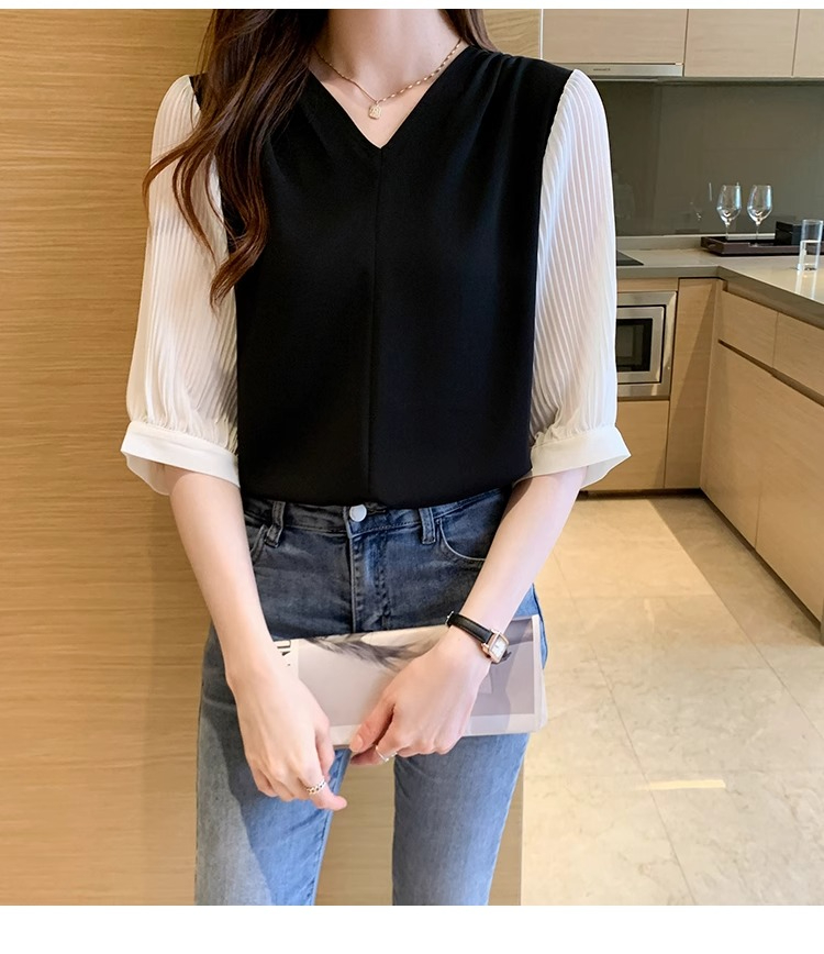 Original workmanship and design niche spring wear 2024 new Korean style temperament V-neck chiffon shirt mid-sleeve top