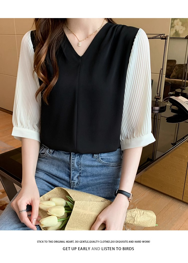 Original workmanship and design niche spring wear 2024 new Korean style temperament V-neck chiffon shirt mid-sleeve top