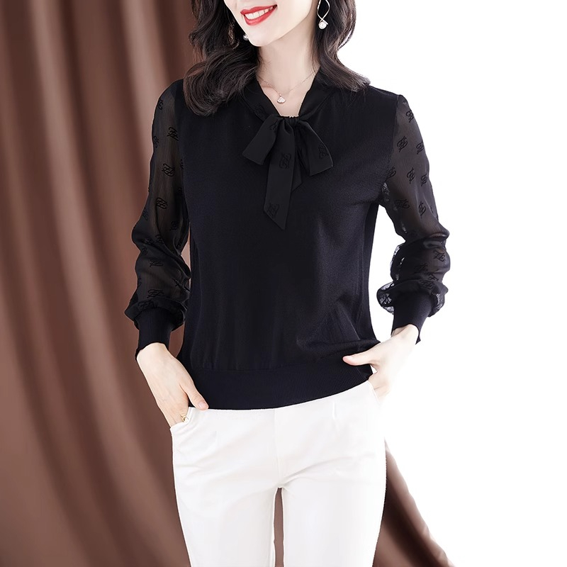 Original workmanship bow women's 2024 spring new loose splicing black long-sleeved ice silk bottoming shirt top