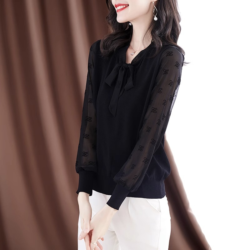 Original workmanship bow women's 2024 spring new loose splicing black long-sleeved ice silk bottoming shirt top