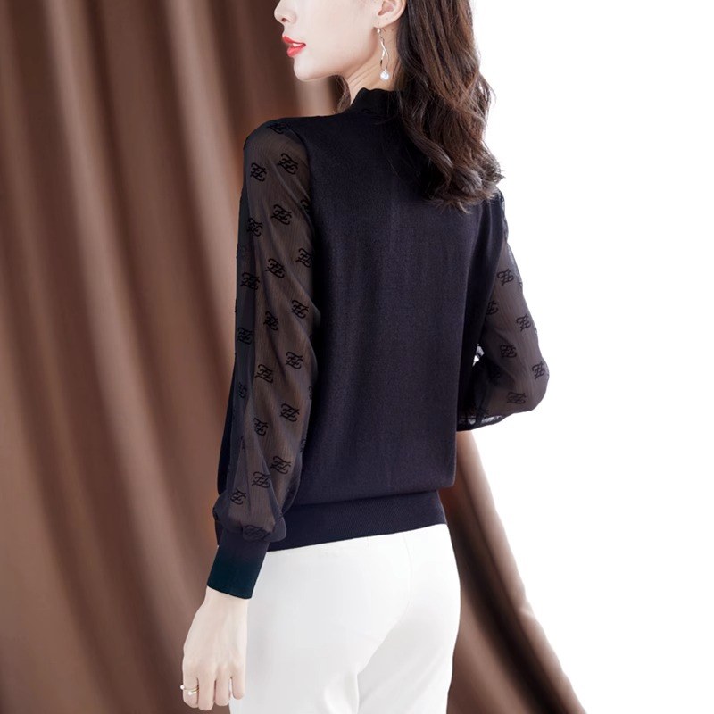 Original workmanship bow women's 2024 spring new loose splicing black long-sleeved ice silk bottoming shirt top