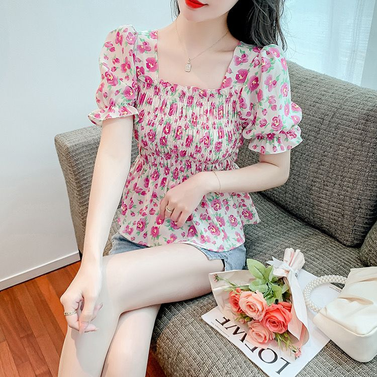 Original workmanship short-sleeved chiffon shirt for women summer 2024 new sweet waist French puff sleeve floral top