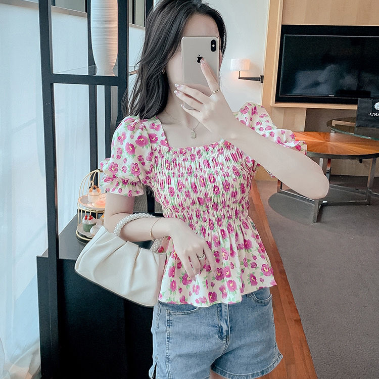 Original workmanship short-sleeved chiffon shirt for women summer 2024 new sweet waist French puff sleeve floral top