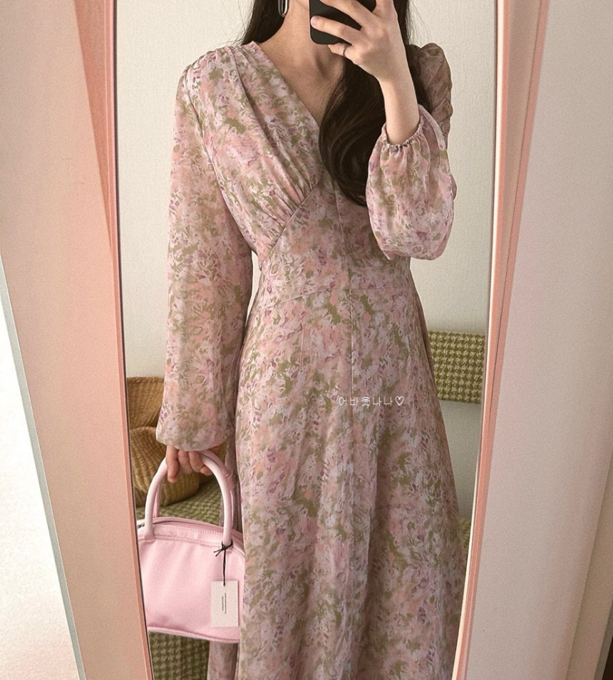 韓國chic春季新款優雅氣質V領碎花雪紡連衣裙女