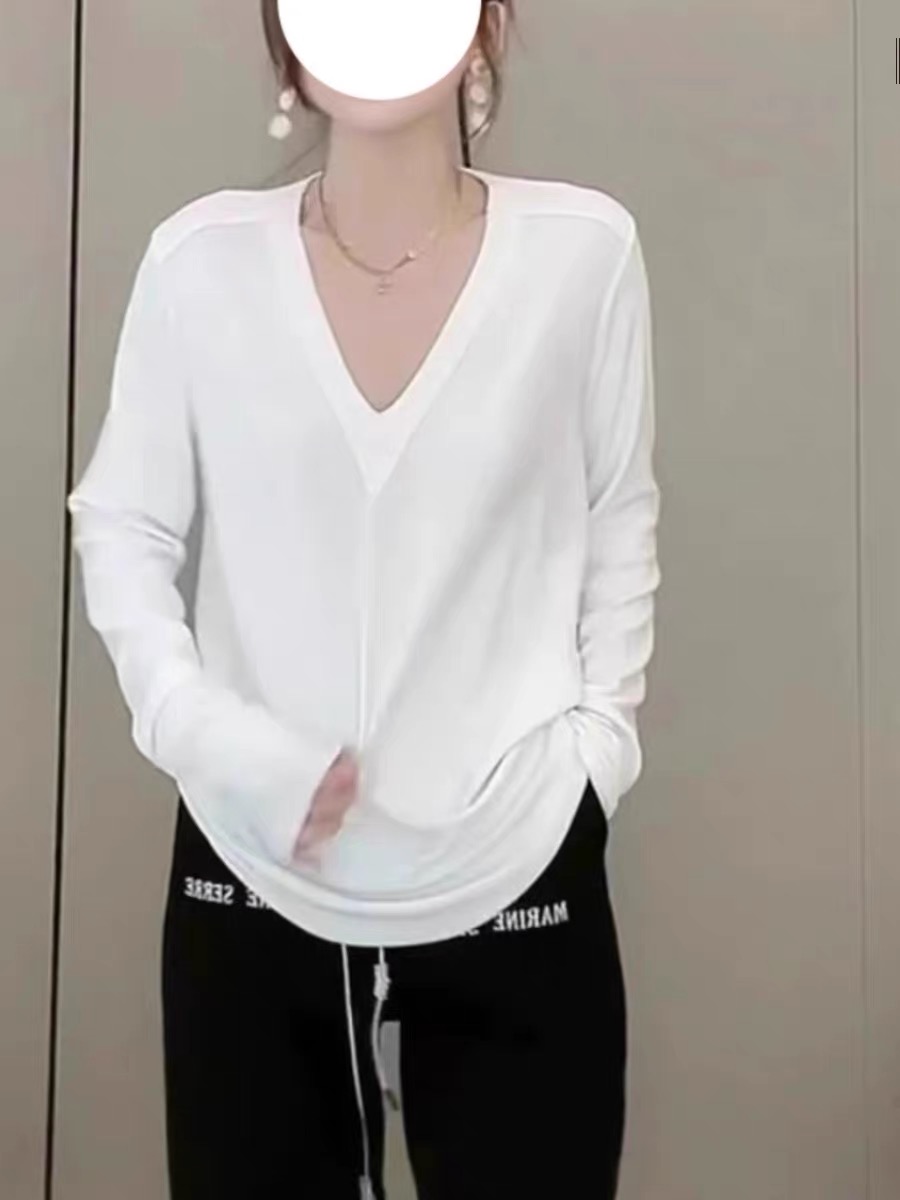 빅 사이즈 단색 캐주얼 V넥 긴팔 티셔츠 유럽 역 2026 이른 가을 새로운 패션 얇은 스타일 기본 셔츠 맨위