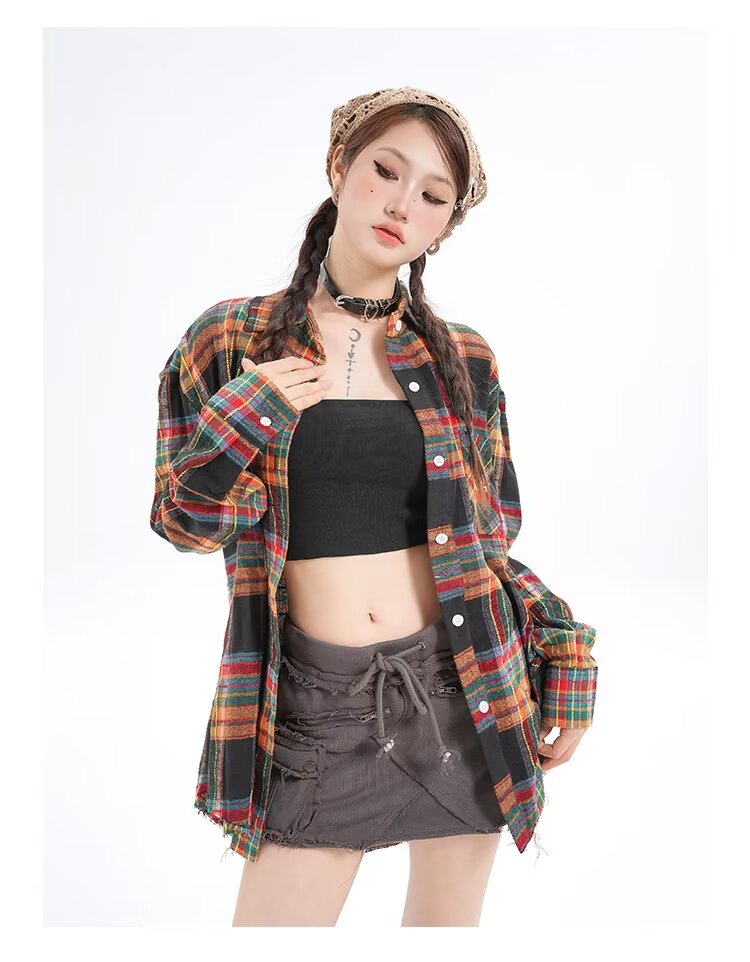 Japanese retro plaid shirt women's spring new loose contrast color mid-length long-sleeved shirt jacket oversize