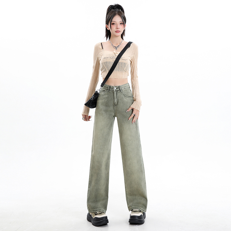 實拍橄欖綠闊腿牛仔褲女潮流百搭2024新款春設計感高腰顯瘦直筒褲