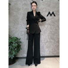 批发实拍高级时尚气质收腰显瘦西装外套2025黑色修身西裤长裤两件套女