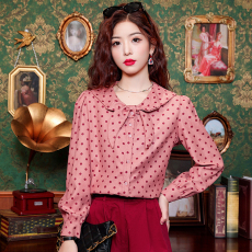 批发<b class='q'>实拍</b> 港风复古蝴蝶结波点衬衫女秋冬新款内搭休闲衬衫上衣女