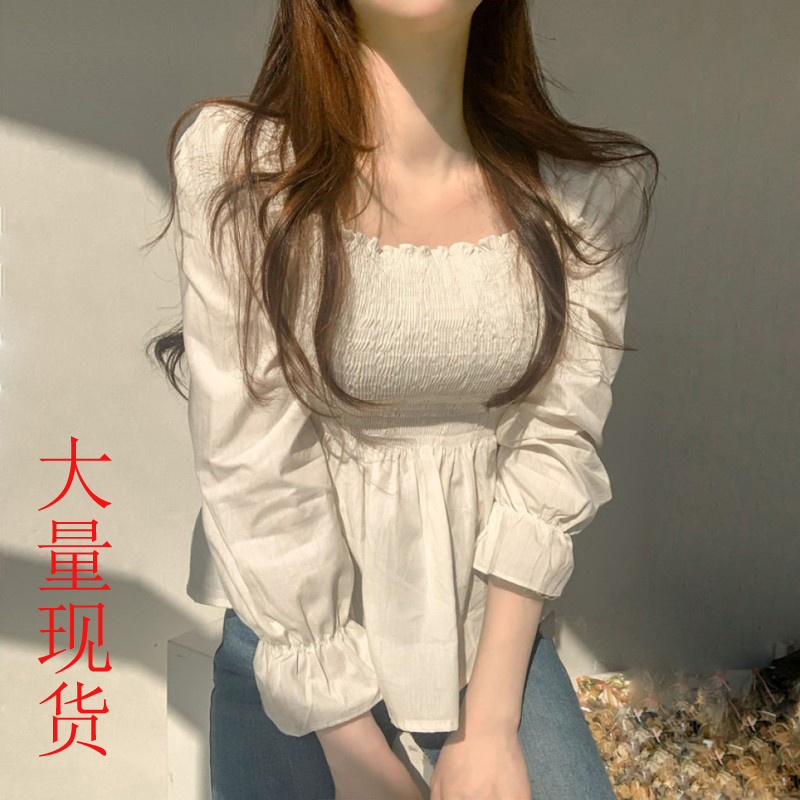 한국 chic 프랑스식 달콤한 미국 칼라 몸매 가꾸기 슬림해 보이는 허리 수축 주름 외국 가스 프릴 긴팔 셔츠 맨위