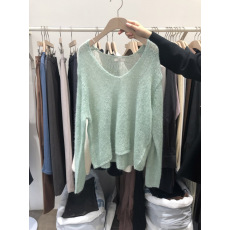 批发东大门夏装新款套头打底绿色V领宽松薄款长袖针织衫毛衣女士