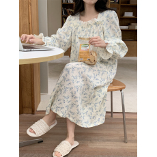 批发实拍 韩版纯棉法式小碎花方领收褶花边休闲睡裙连衣裙睡衣套装