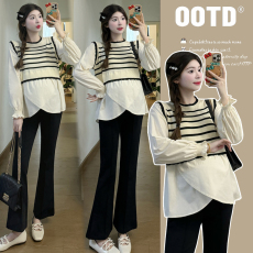 批发实拍新款2026孕妇装<b class='q'>春</b>季时尚上衣条纹拼接设计感假两件衬衫娃娃衫