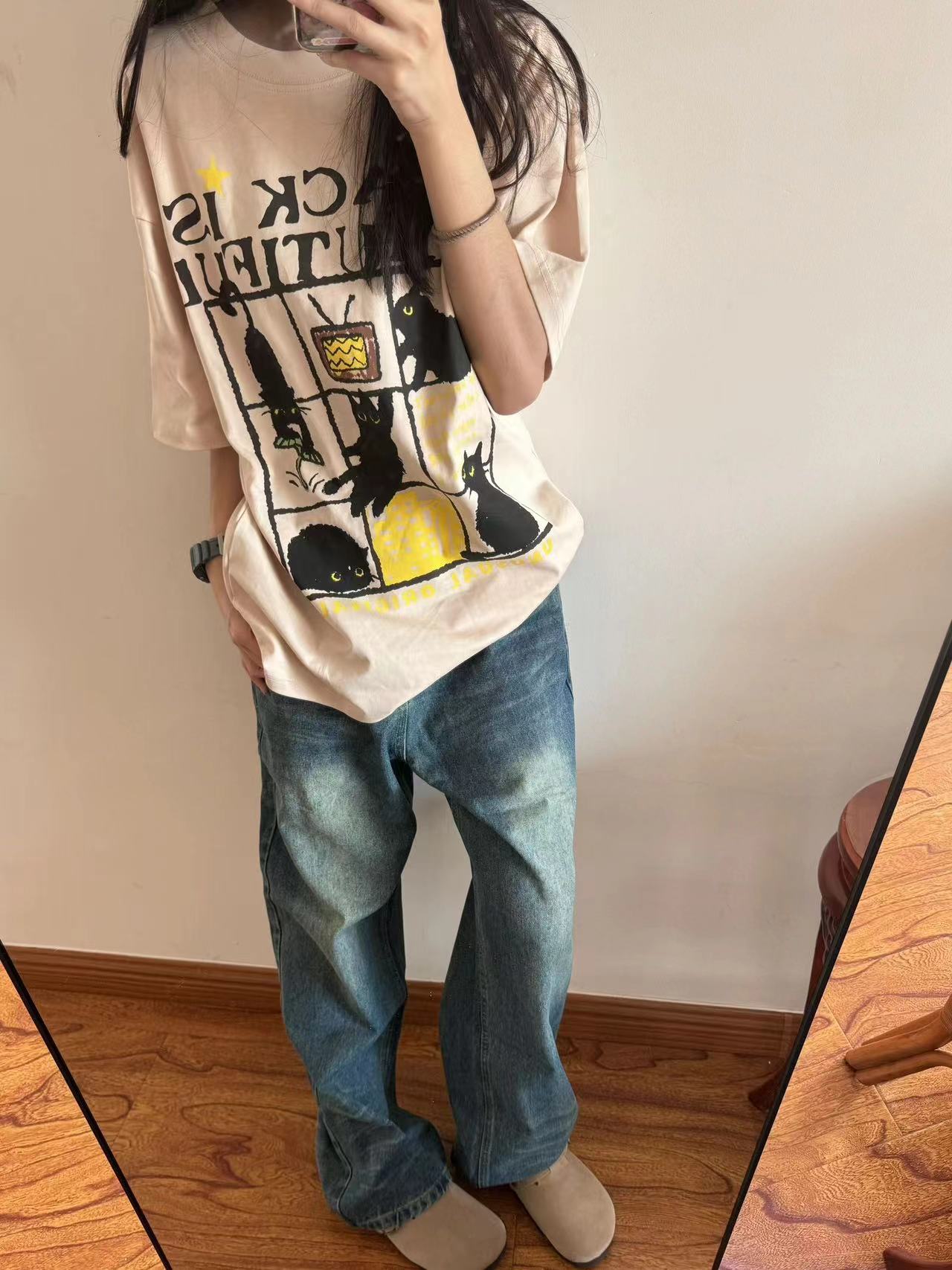 高質量純棉220克精梳緊密手感好直播品質前後印花短袖t恤女