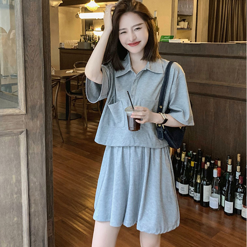 Summer new fashion casual sports suit for women, stylish age-reducing polo collar top + wide-leg shorts two-piece set