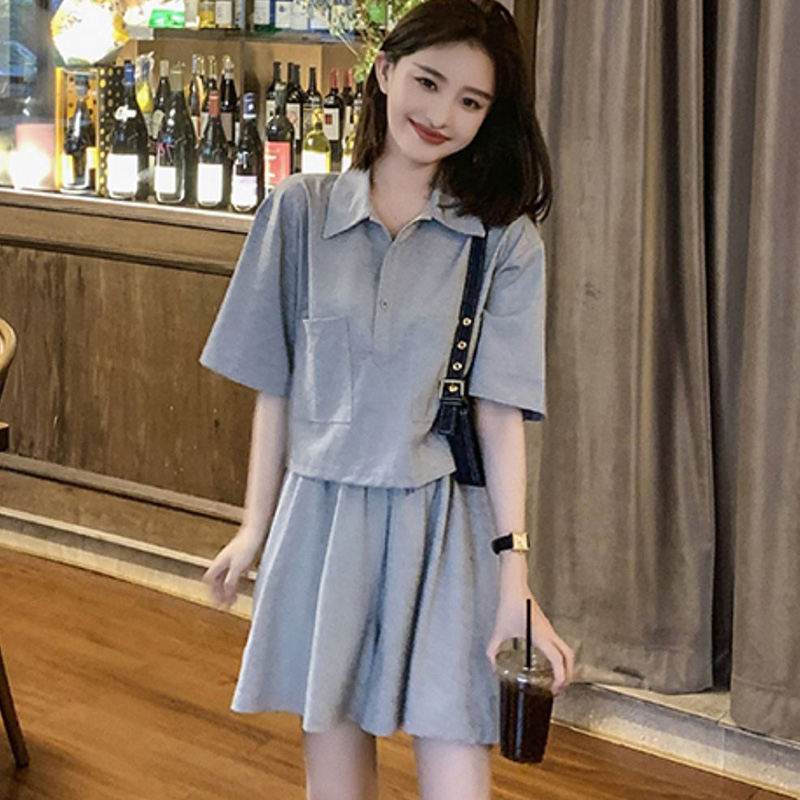 Summer new fashion casual sports suit for women, stylish age-reducing polo collar top + wide-leg shorts two-piece set