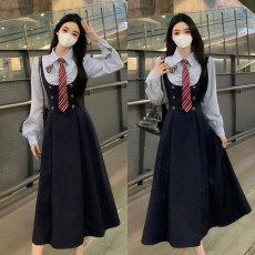 批发秋冬打底校园小说女主假两件<b class='q'>连衣裙</b>女学院风长袖百褶裙长➕短款