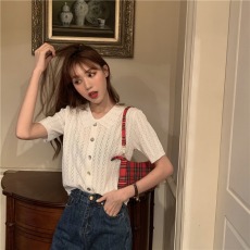 批发法式短款上衣针织<b class='q'>开衫</b>女薄款纯白色polo领镂空设计感修身百搭清纯