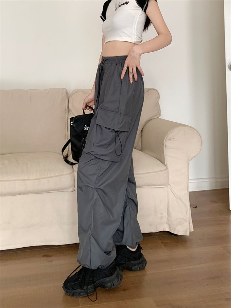 American hot girl overalls, women's drawstring casual pants, summer drapey loose straight wide-leg pants, floor-length long pants, trendy