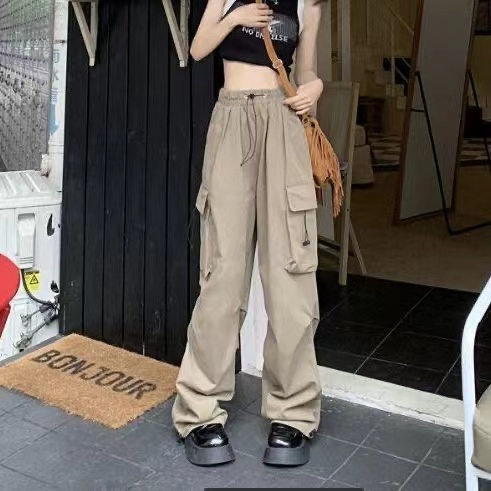 American hot girl overalls, women's drawstring casual pants, summer drapey loose straight wide-leg pants, floor-length long pants, trendy